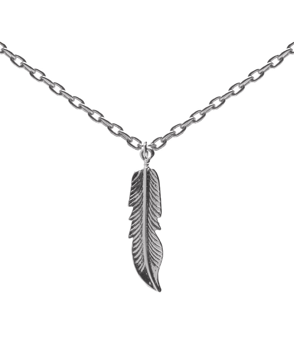 The Yellow Brass Silver Plate Feather Pendant Necklace features a detailed feather pendant on a silver plated chain, shown against a white background.