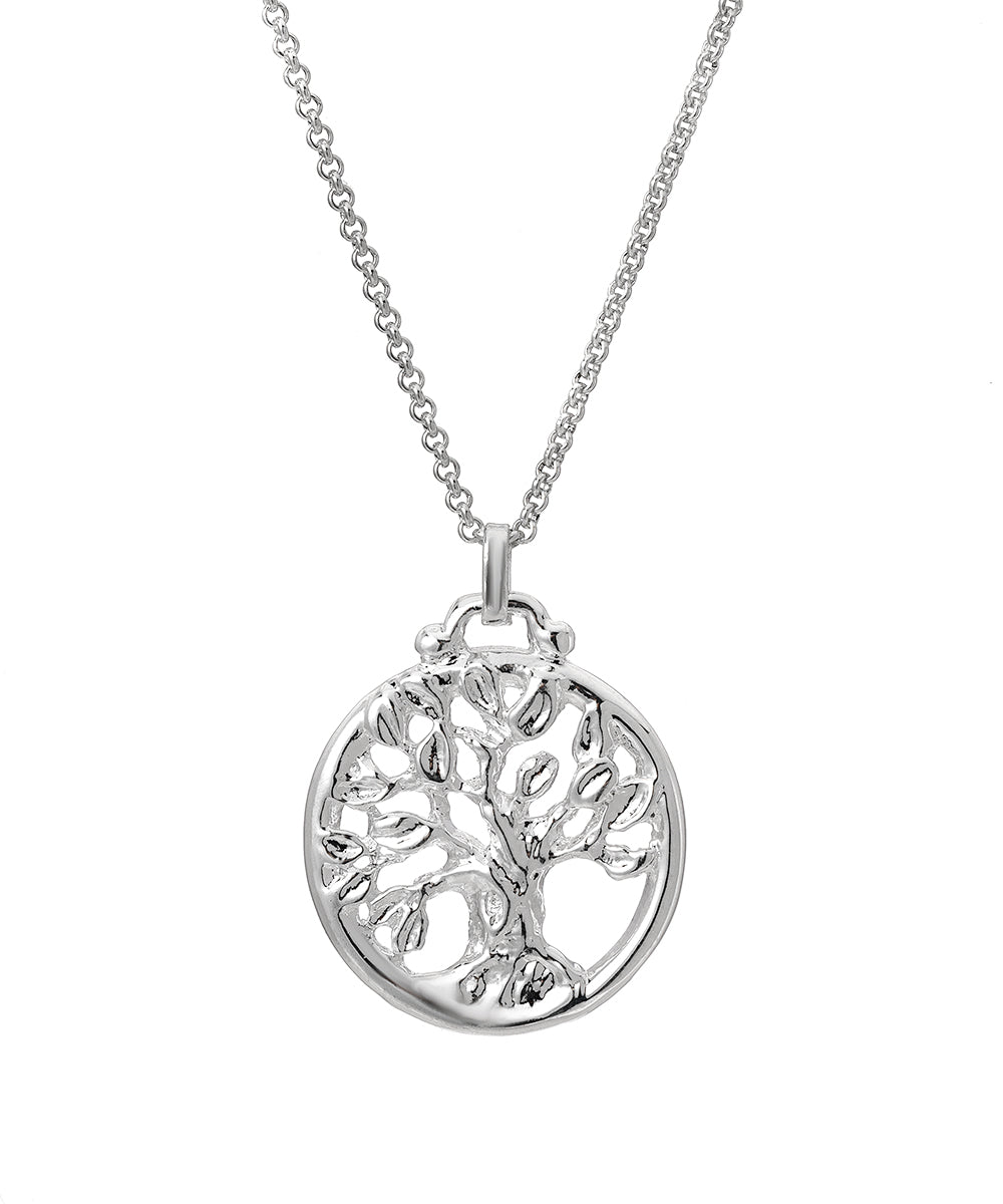 The Sterling Silver Tree of Life Wisdom Pendant Necklace features a round cutout tree design, shown against a white background.
