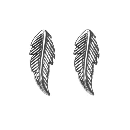 The Sterling Silver Freedom Feather Earrings feature detailed lines that mimic real feather texture, beautifully displayed on a plain white background.