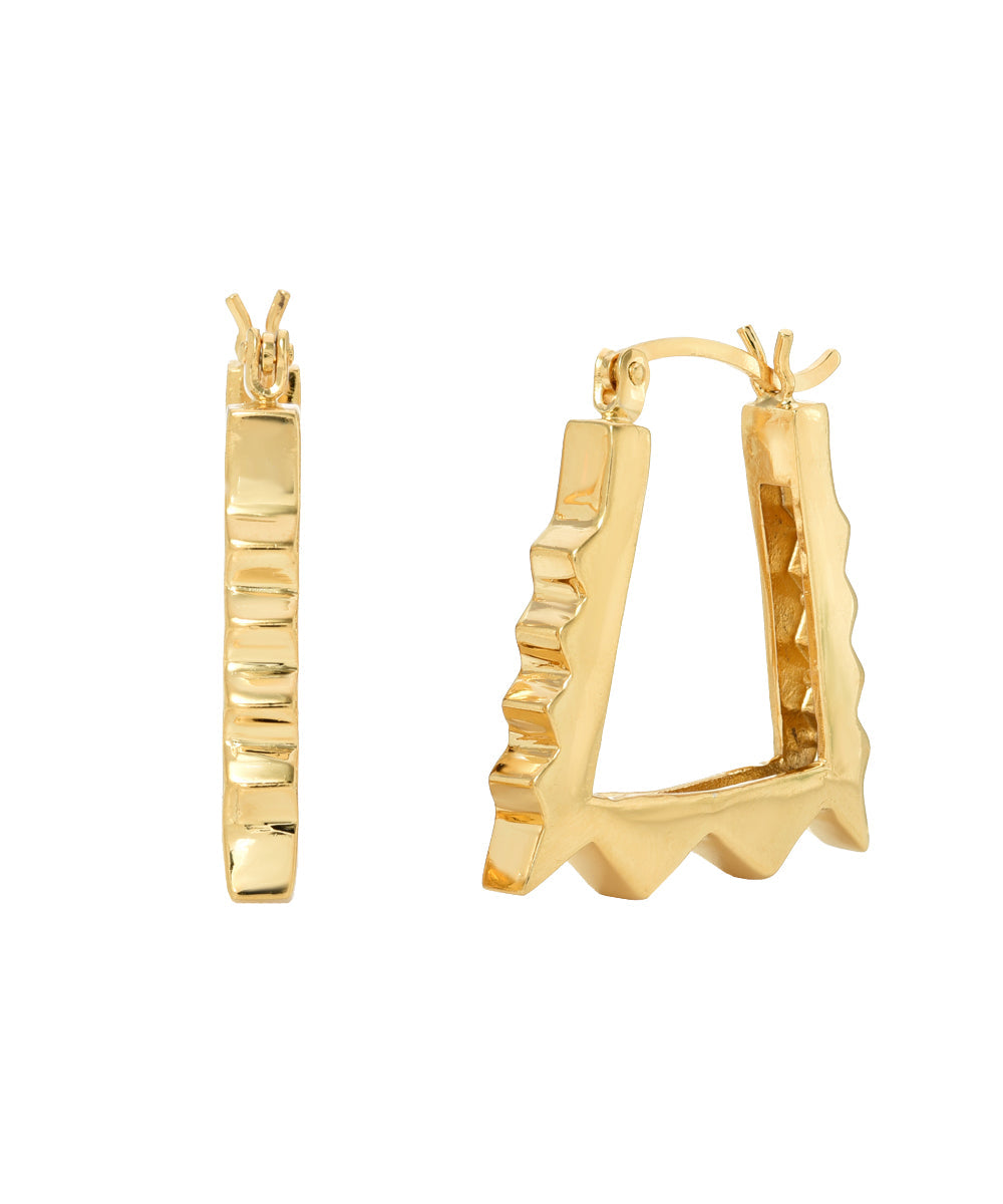 14KT Yellow Gold Rectangle Pyramid Studded Spike Huggie Hoop Earrings