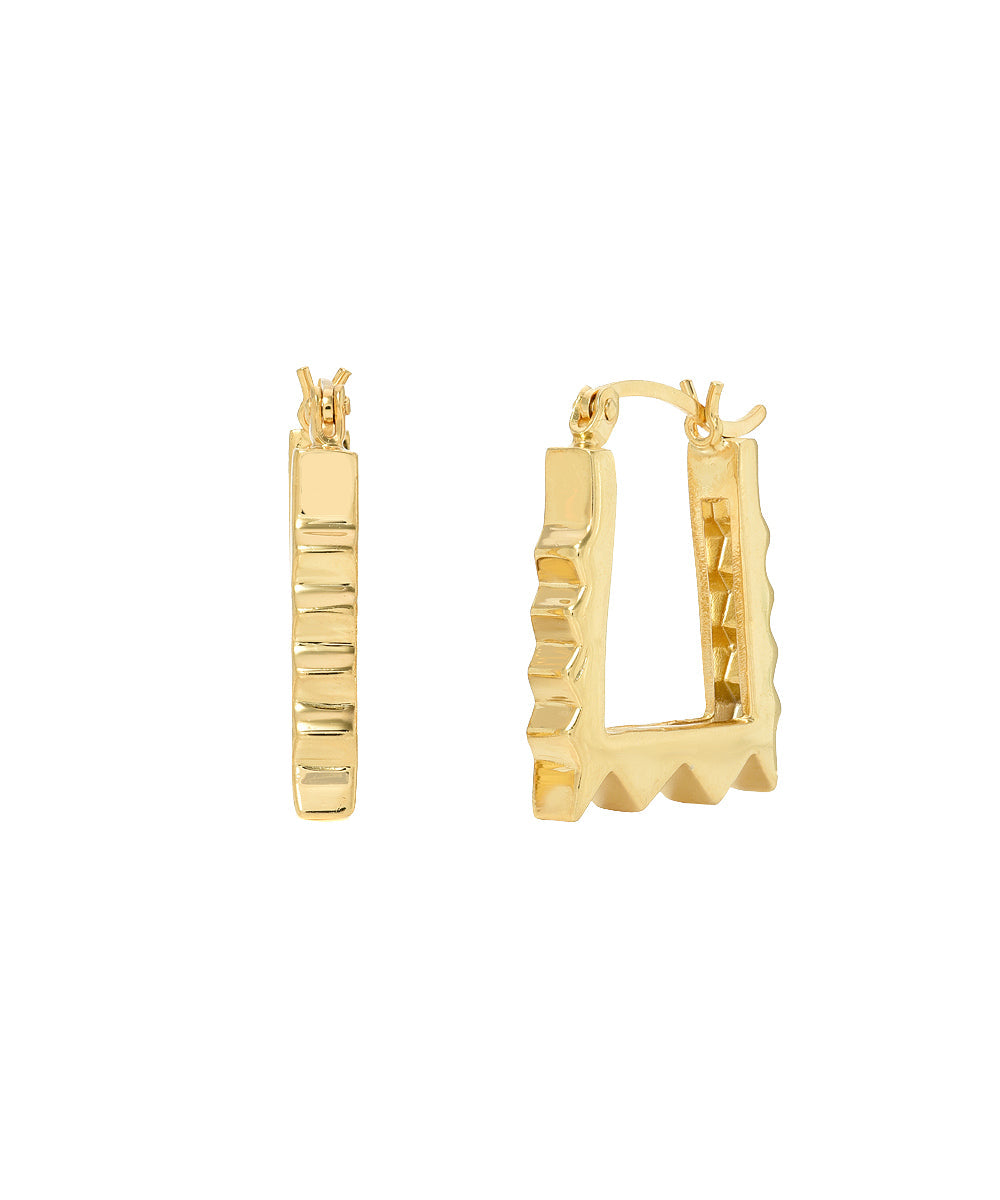 14KT Yellow Gold Rectangle Pyramid Studded Spike Huggie Hoop Earrings