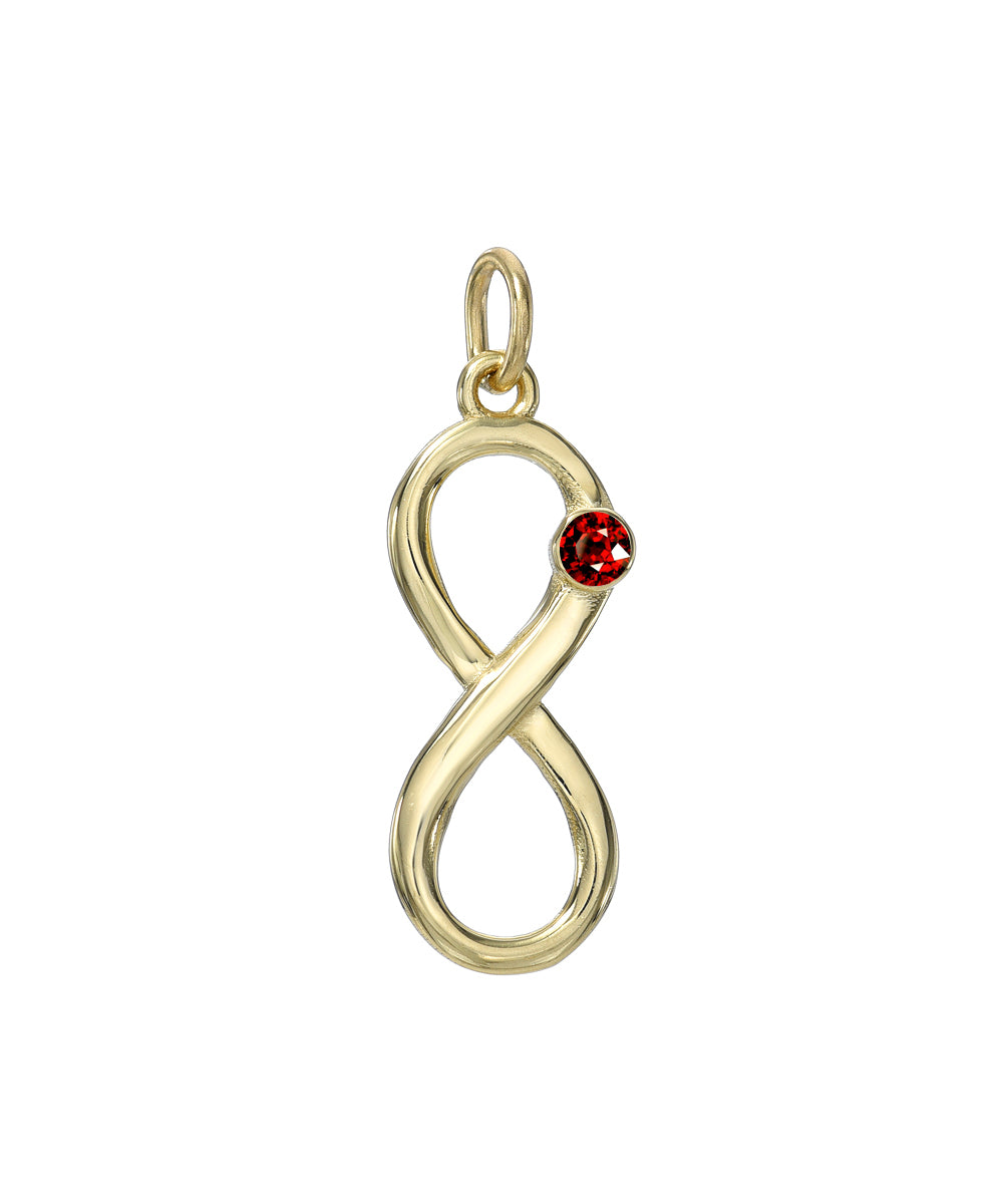 The 14KT Yellow Gold Infinity Birthstone Charm features a yellow gold infinity symbol pendant with a small round red birthstone on one side, finished with a matching gold loop at the top for easy attachment to a chain.