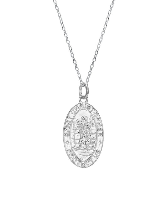 Sterling Silver St. Christopher Oval Surfers Protector Pendant Necklace