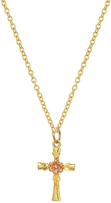 14 Karat Gold Two Tone Flower Cross Pendant Necklace, 18"