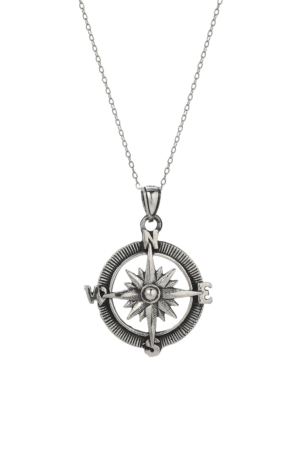 The Sterling Silver Point the Way Compass Pendant Necklace, 18", features a detailed compass with raised N, S, E, and W on a delicate chain—making it the perfect travel jewelry piece. Shown on a white background.
