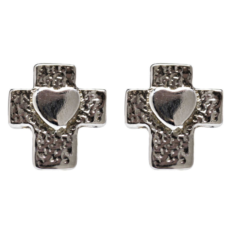 The Sterling Silver Heart in Cross Stud Earrings feature a textured cross design with a smooth heart at the center, adding a unique twist to classic heart stud earrings.