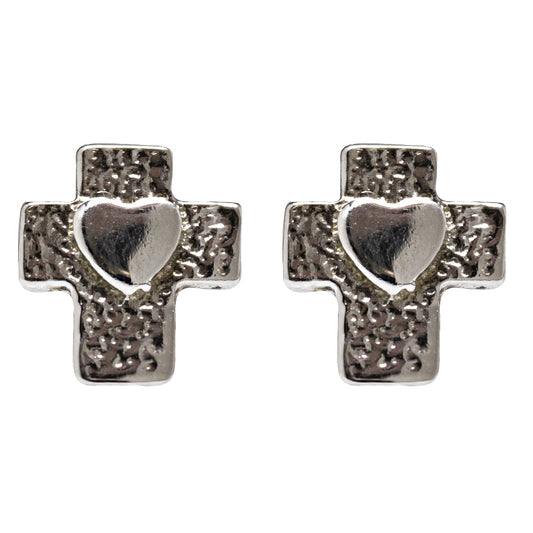 The Sterling Silver Heart in Cross Stud Earrings feature a textured cross design with a smooth heart at the center, adding a unique twist to classic heart stud earrings.