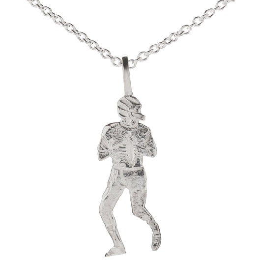The Sterling Silver Quarterback Pendant Necklace features a detailed American football player in helmet and uniform, running with the ball—perfect for fans seeking a unique quarterback-themed accessory.