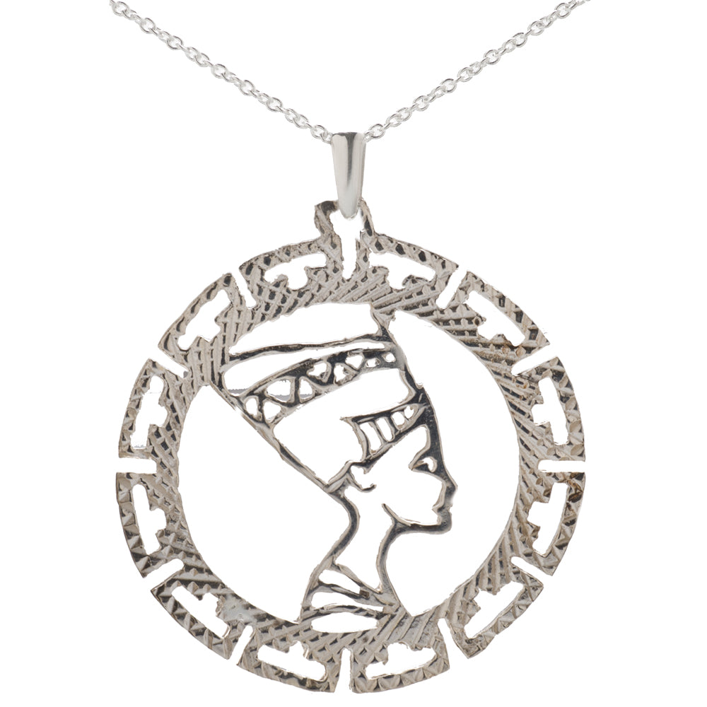 The Sterling Silver Queen Nefertiti Pendant Necklace features a round 925 sterling silver medallion with a cutout profile of an African woman in a headdress, accented by a decorative border for lasting elegance.