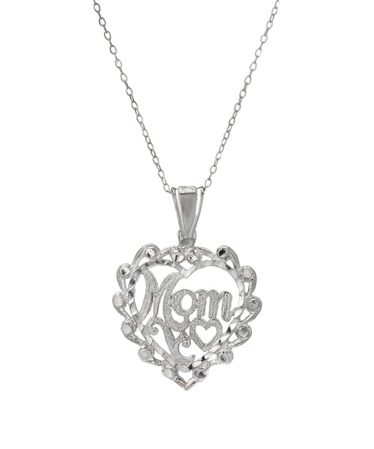 The Sterling Silver Mom Heart Pendant Necklace features elegant script and a floral design, making it a perfect Mother’s Day gift.