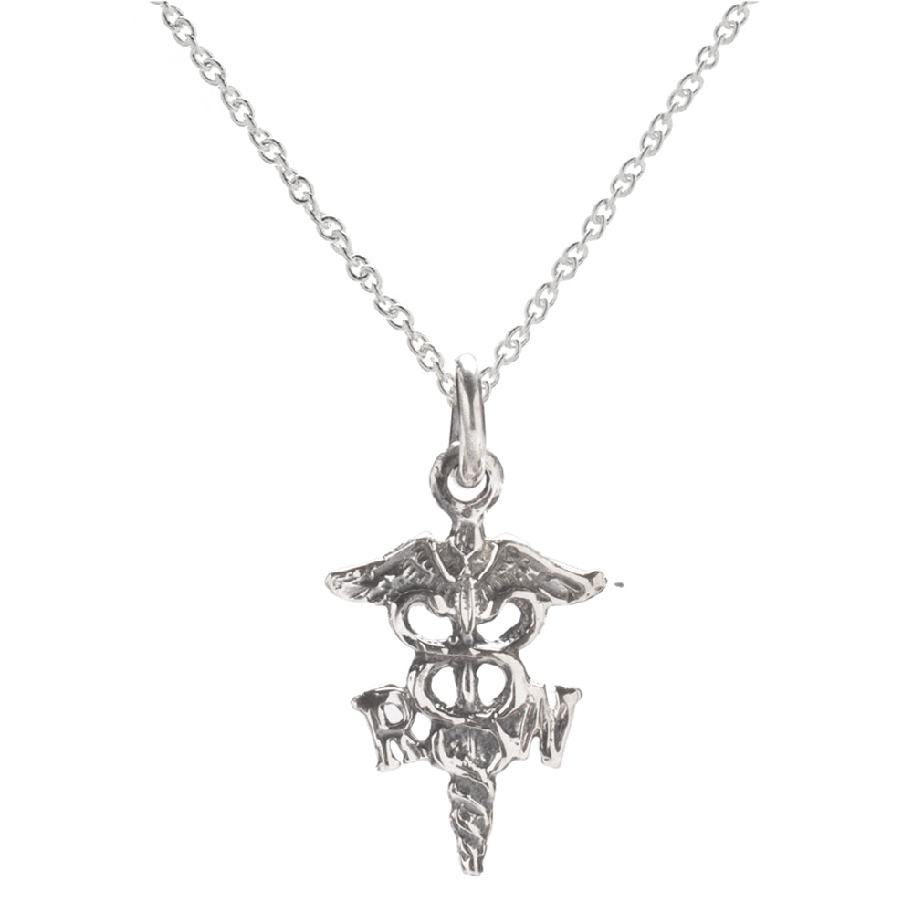 The Sterling Silver Caduceus RN Pendant Necklace features two snakes coiled around a winged staff with the letters R and N, making it a detailed and meaningful jewelry piece for registered nurses.