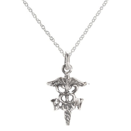 The Sterling Silver Caduceus RN Pendant Necklace features two snakes coiled around a winged staff with the letters R and N, making it a detailed and meaningful jewelry piece for registered nurses.