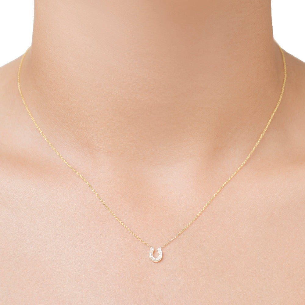 14KT Gold PavÃ© Horseshoe Necklace 16" Pendant Necklace