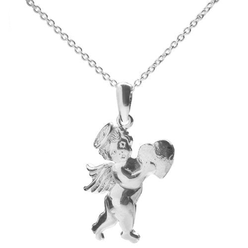 Sterling Silver Cupid Holding Heart Pendant Necklace