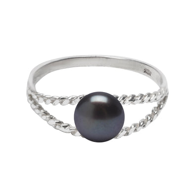 Sterling Silver Twist Black Freshwater Cultured Pearl Ring - 8 mm