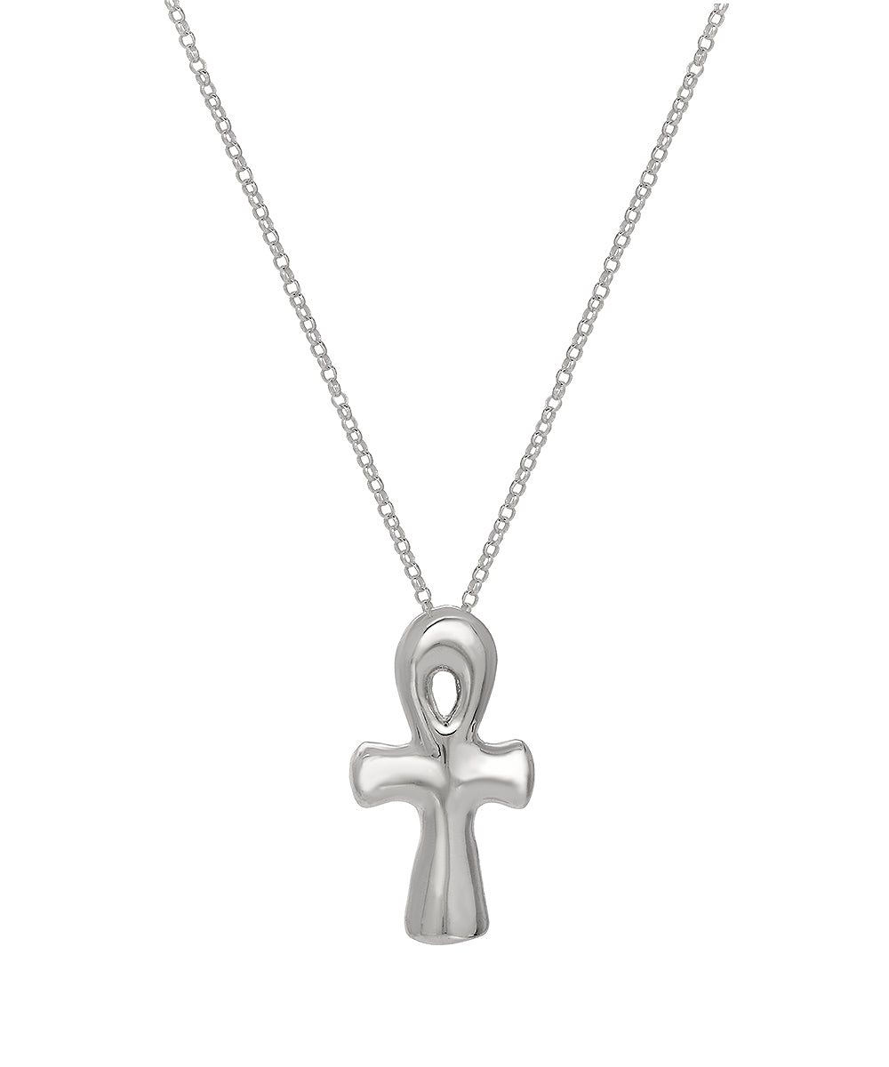 The Sterling Silver Puff Ankh Pendant Necklace features a polished, rounded pendant on a delicate chain, representing spiritual jewelry. Shown against a white background.