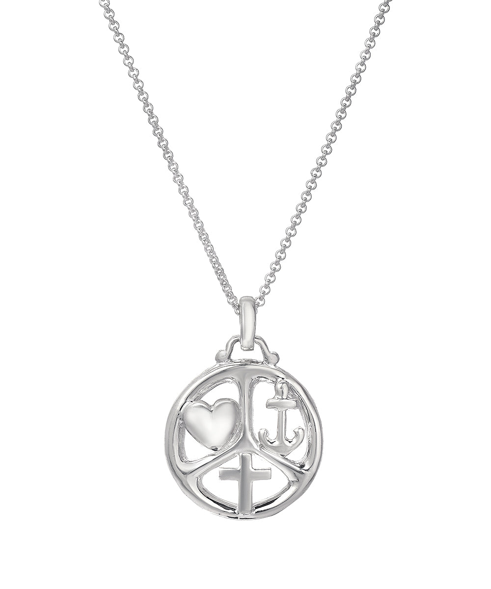 The Sterling Silver Love Strength Faith Pendant Necklace features a round charm with heart, anchor, and cross symbols in separate sections, creating an inspirational and meaningful faith jewelry piece.