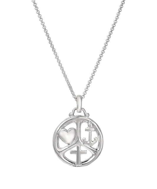The Sterling Silver Love Strength Faith Pendant Necklace features a round charm with heart, anchor, and cross symbols in separate sections, creating an inspirational and meaningful faith jewelry piece.