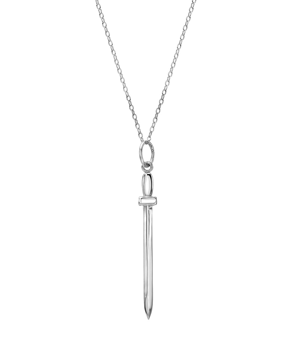 The 14KT Gold Sword of Truth Pendant Necklace features a delicate chain and a small sword-shaped pendant, offering a simple, elegant design.