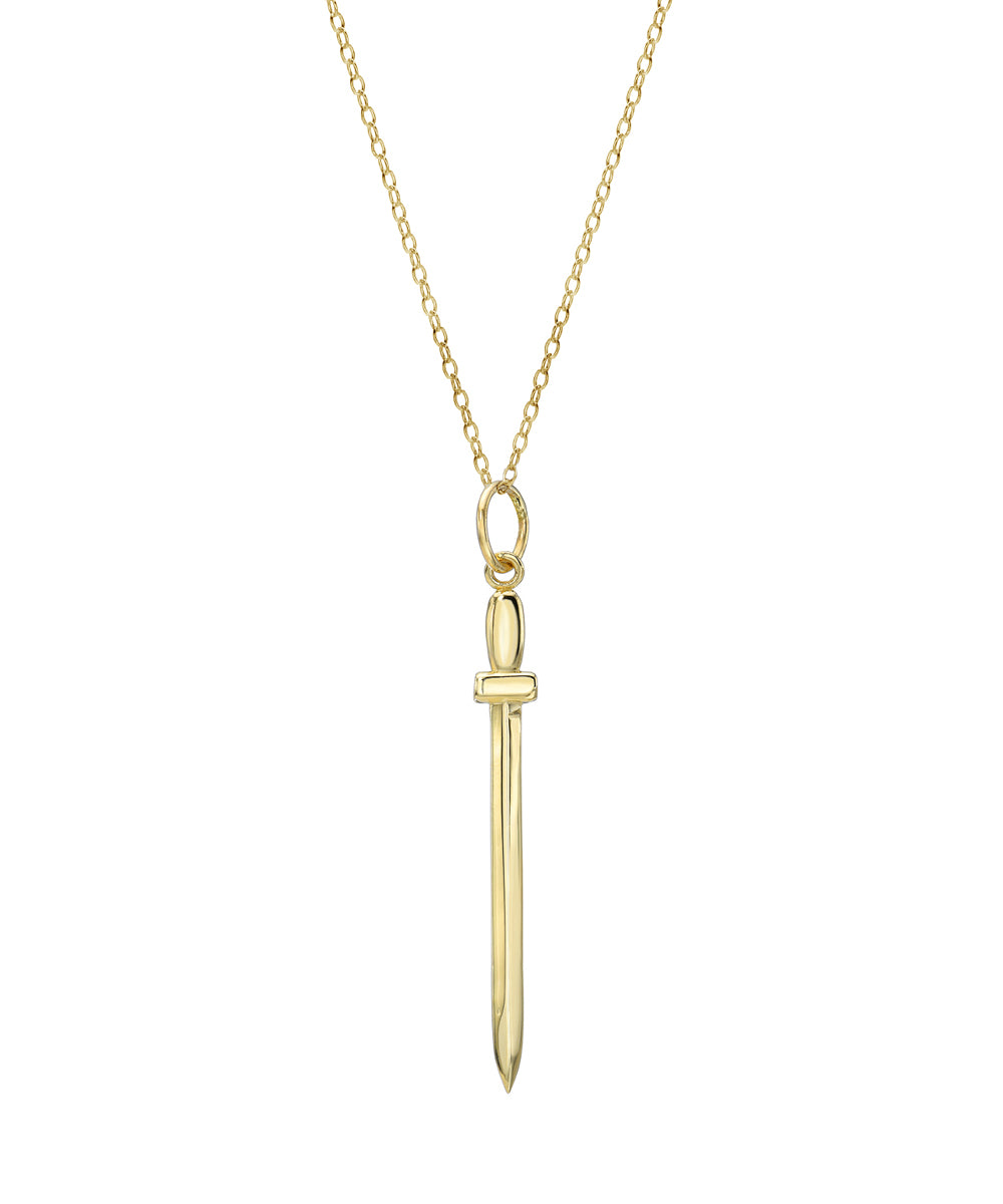 The 14KT Gold Sword of Truth Pendant Necklace features a polished sword pendant with a simple hilt and elongated blade on a delicate gold chain.