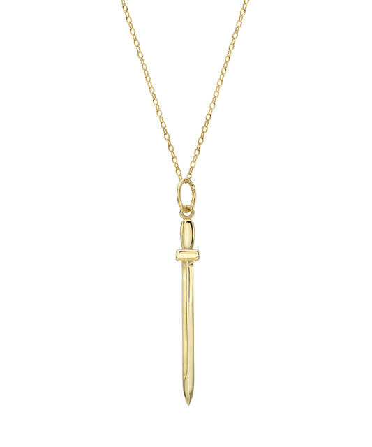 The 14KT Gold Sword of Truth Pendant Necklace features a polished sword pendant with a simple hilt and elongated blade on a delicate gold chain.