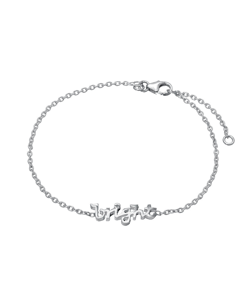 The Sterling Silver Chain Wrist and Ankle Name Bracelet features "bright" in cursive as a central charm on a delicate 925 silver chain, secured with a lobster clasp.