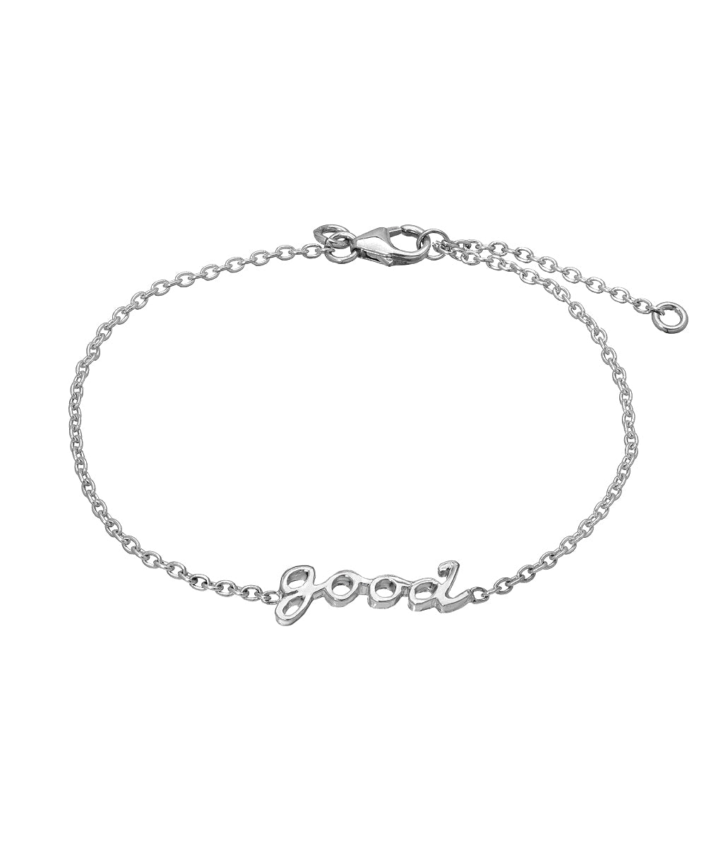 The Sterling Silver Chain Wrist and Ankle Name Bracelet features a delicate 925 sterling silver chain with "good" in cursive as the centerpiece and an adjustable clasp.