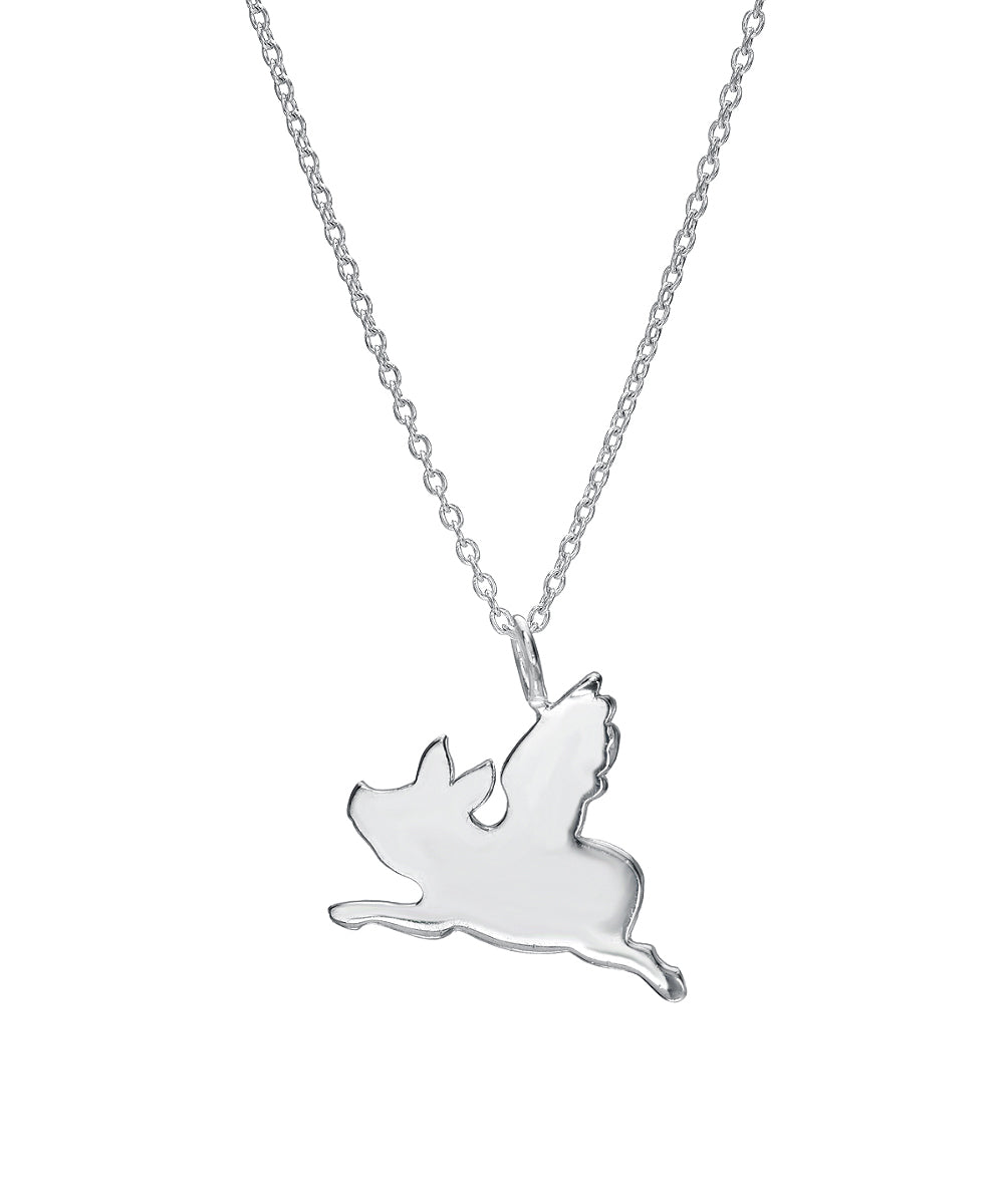 The Sterling Silver Flying Pig Pendant Necklace showcases a whimsical flying pig with wings, crafted from 925 sterling silver, displayed against a white background.