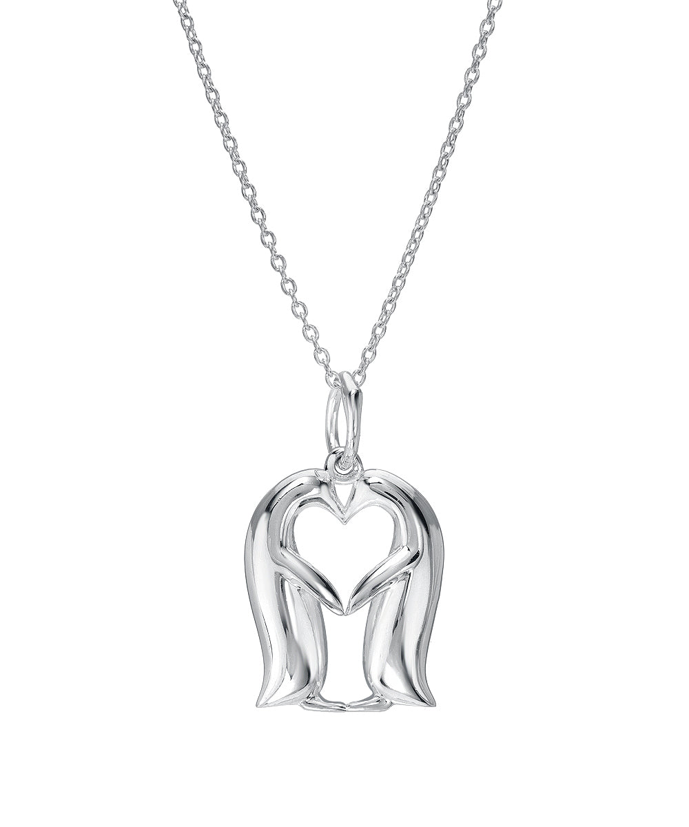 The Sterling Silver Two Penguins Kissing Love Pendant Necklace features two stylized penguins forming a heart—an elegant couples gift symbolizing unity, hanging from a fine chain.