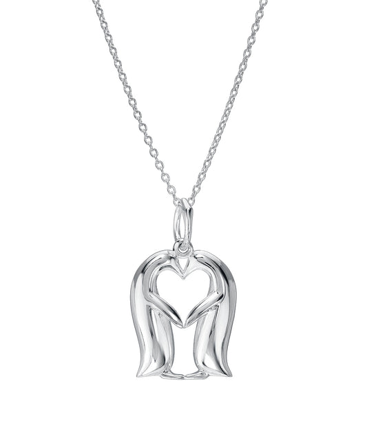 The Sterling Silver Two Penguins Kissing Love Pendant Necklace features two stylized penguins forming a heart—an elegant couples gift symbolizing unity, hanging from a fine chain.
