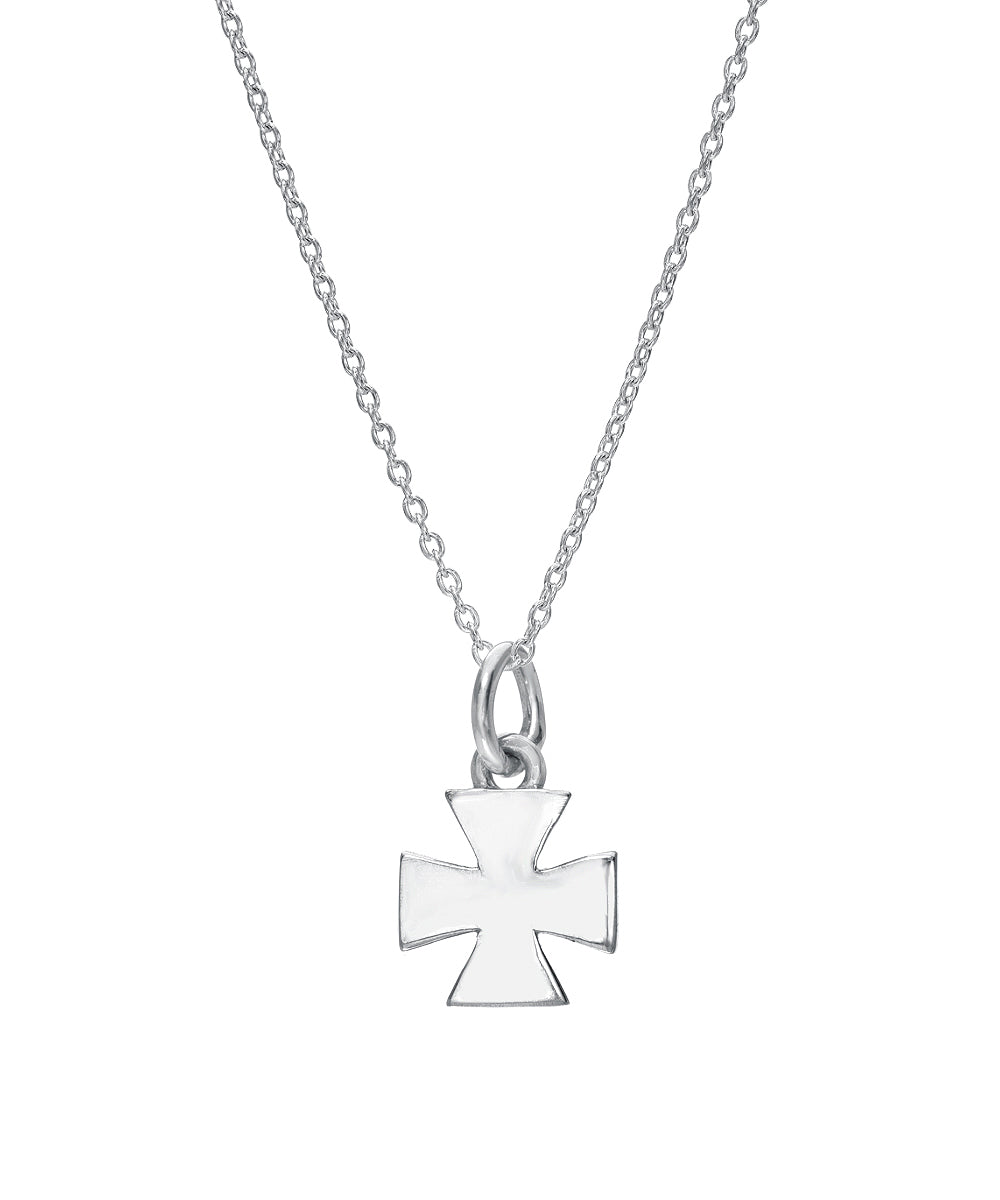 The Sterling Silver Iron Cross Pendant Necklace features a chain and a Maltese iron cross pendant, shown on a plain white background.