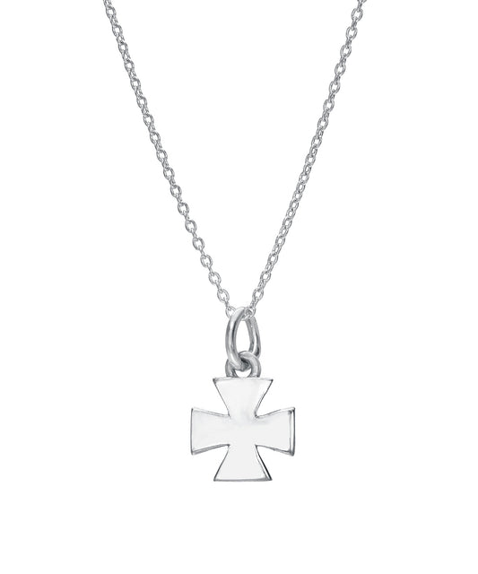 The Sterling Silver Iron Cross Pendant Necklace features a chain and a Maltese iron cross pendant, shown on a plain white background.