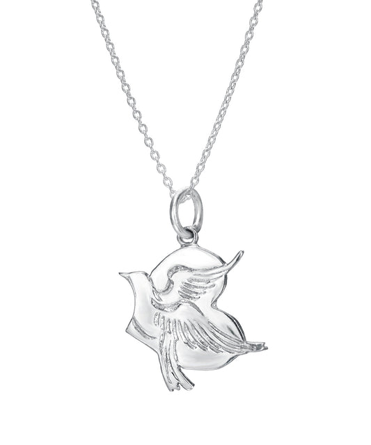 The Sterling Silver Dove in Heart Peace Pendant Necklace features a highly polished dove with detailed wings and tail feathers, shaped within a heart and displayed against a plain white background.