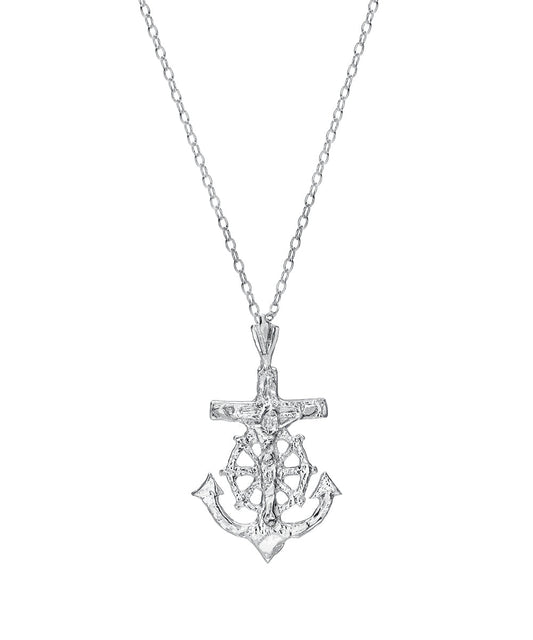 Sterling Silver Anchor and Crucifix Pendant Necklace