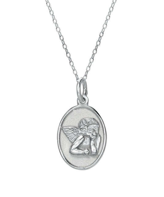 Sterling Silver Oval Cherub Cupid Pendant Necklace