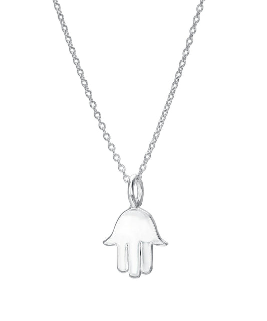 The Sterling Silver Hamsa Hand of Fatima Pendant Necklace, a piece of spiritual protection jewelry, is beautifully photographed against a white background.