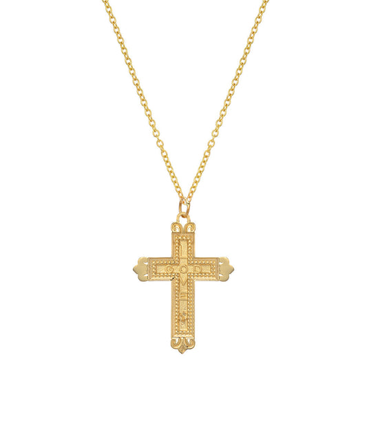 14 Karat Yellow Gold Fleur Cross Pendant Necklace, 18"