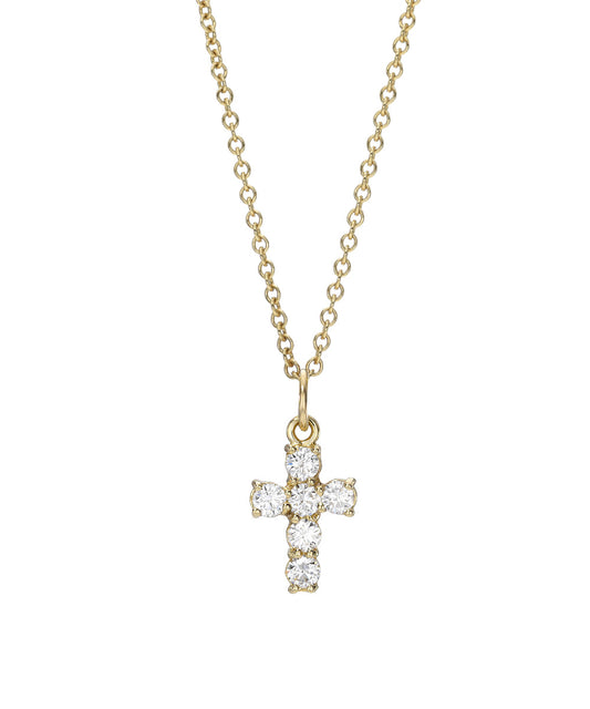 The 14 Karat Six Stone 0.66 Carat Total Weight Lab Diamond Cross Pendant Necklace features a delicate cross adorned with six sparkling lab-grown diamonds.
