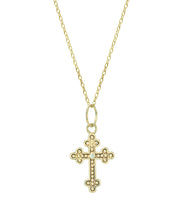 14 Karat Gold 1 mm Round White Diamond Cross Fleury Pendant Necklace, 18"