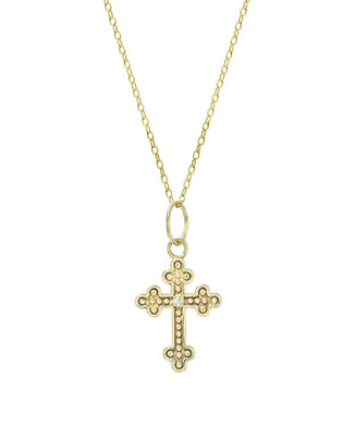 14 Karat Gold 1 mm Round White Diamond Cross Fleury Pendant Necklace, 18