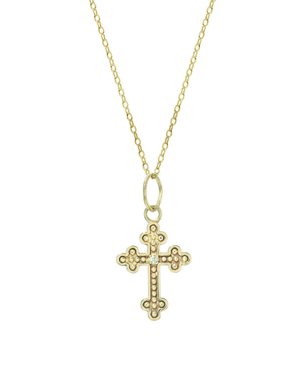 14 Karat Gold 1 mm Round White Diamond Cross Fleury Pendant Necklace, 18