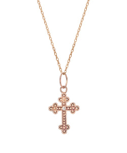 14 Karat Gold 1 mm Round White Diamond Cross Fleury Pendant Necklace, 18"