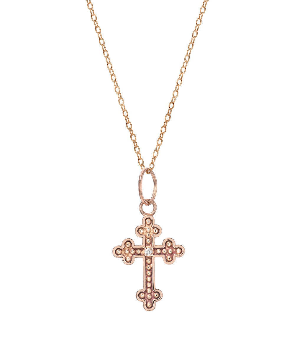 14 Karat Gold 1 mm Round White Diamond Cross Fleury Pendant Necklace, 18"