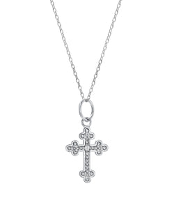 14 Karat Gold 1 mm Round White Diamond Cross Fleury Pendant Necklace, 18"