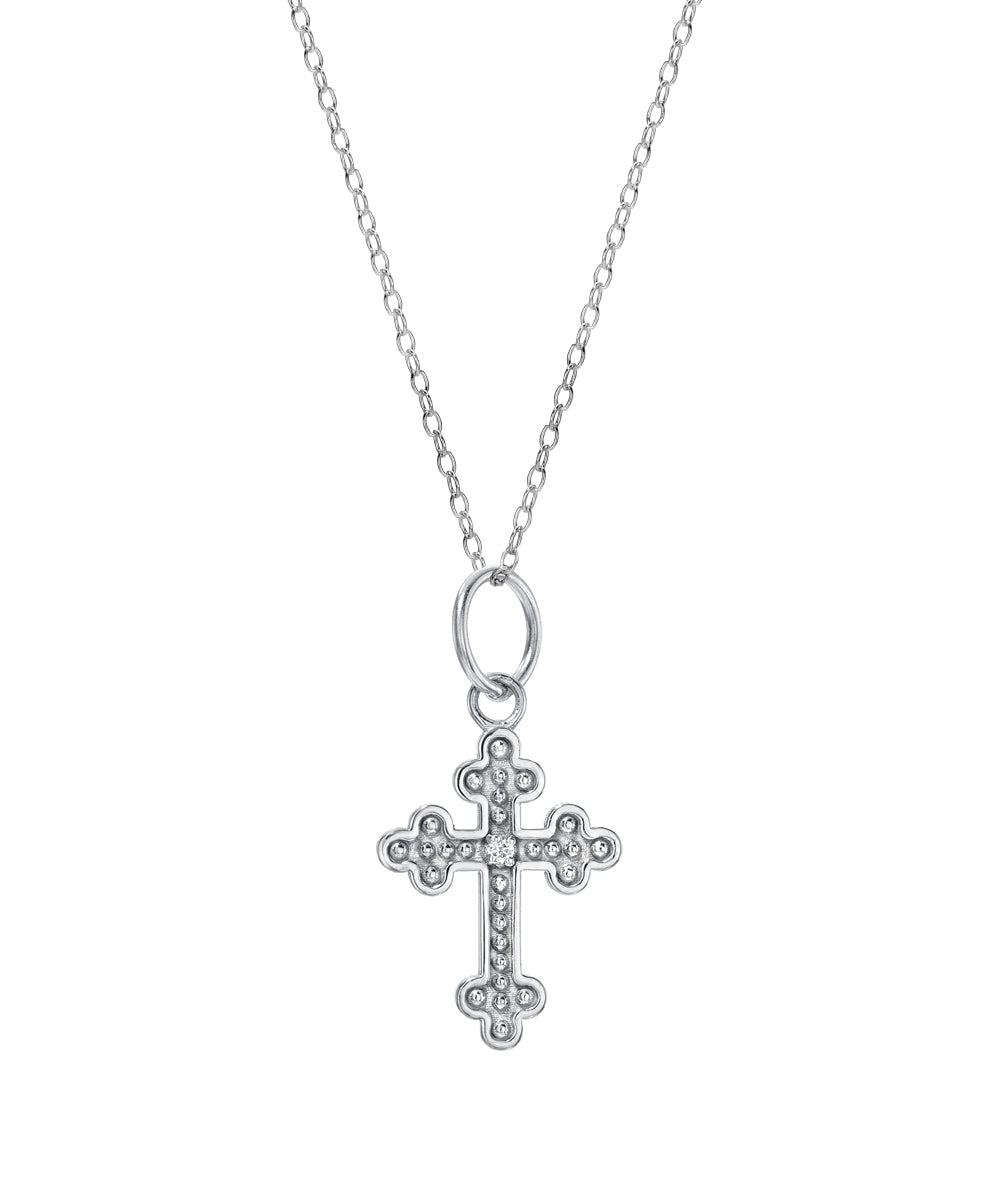 A 14KT gold diamond cross fleury pendant necklace (0.005 CT) is shown against a plain white background.
