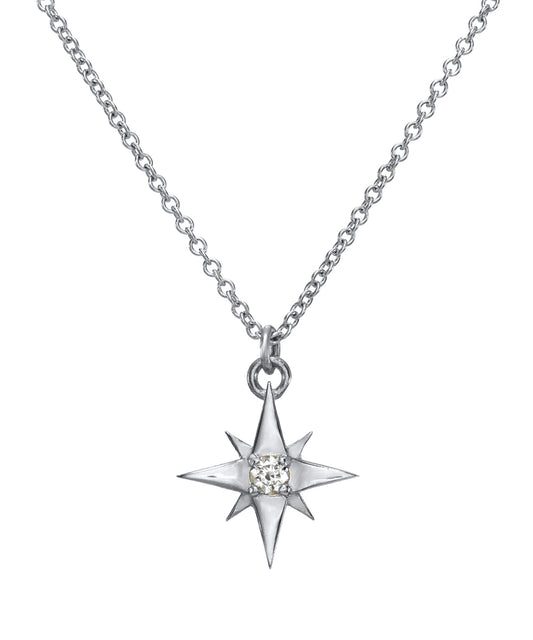 The 14K Gold Lucky North Star Diamond Pendant Necklace features an eight-point star-shaped pendant with a central diamond, displayed on a simple chain against a white background.