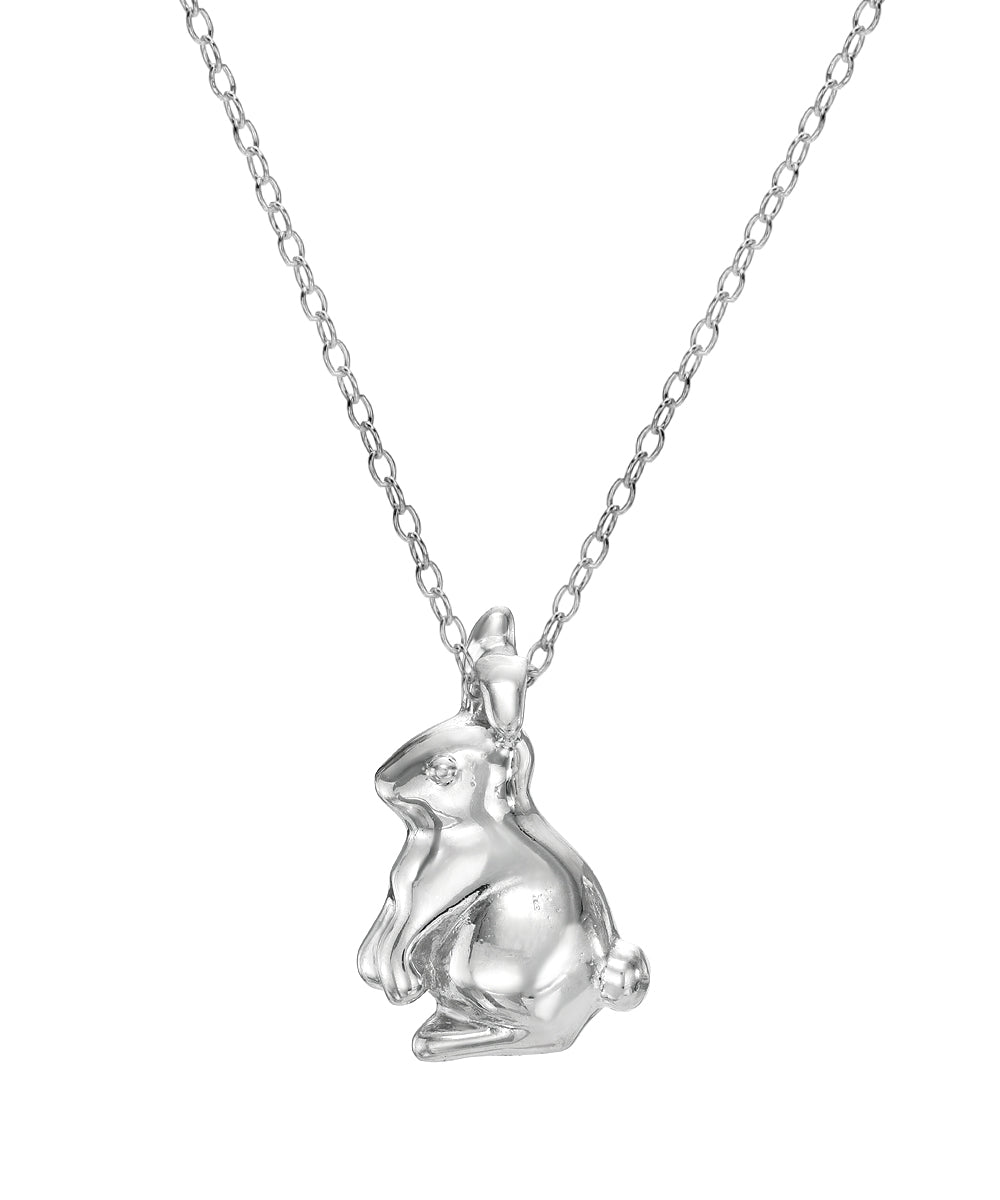 The Sterling Silver Easter Bunny Pendant Necklace features a finely detailed sitting rabbit on a delicate chain—a perfect elegant accessory for animal lovers and jewelry collections.