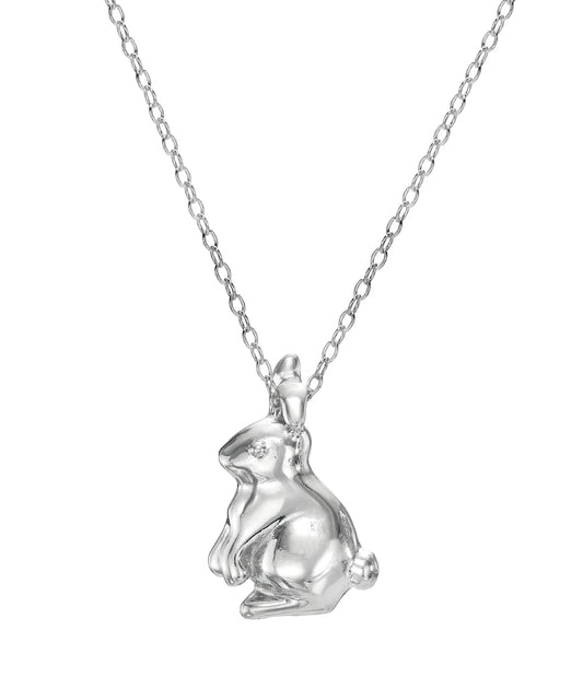 The Sterling Silver Easter Bunny Pendant Necklace features a finely detailed sitting rabbit on a delicate chain—a perfect elegant accessory for animal lovers and jewelry collections.