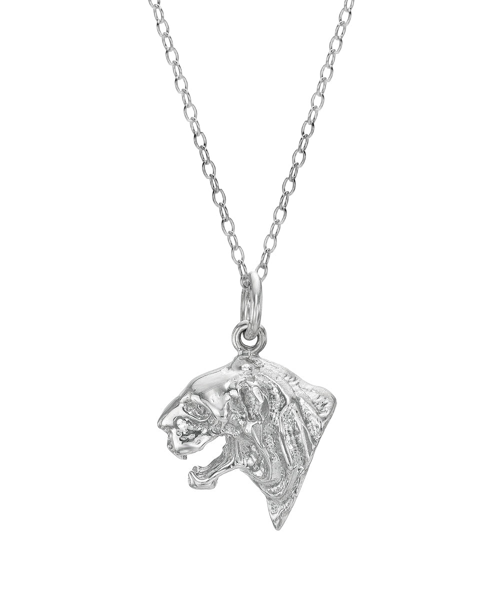 The Sterling Silver Tiger Face Pendant Necklace features a detailed tiger head pendant and is displayed against a plain white background.