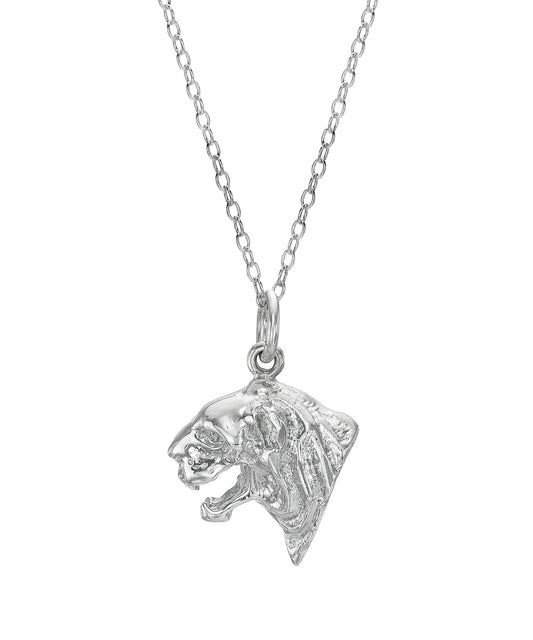 The Sterling Silver Tiger Face Pendant Necklace features a detailed tiger head pendant and is displayed against a plain white background.